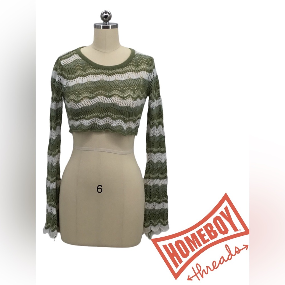 Princess Polly Green and White Ribbed Crop Blouse